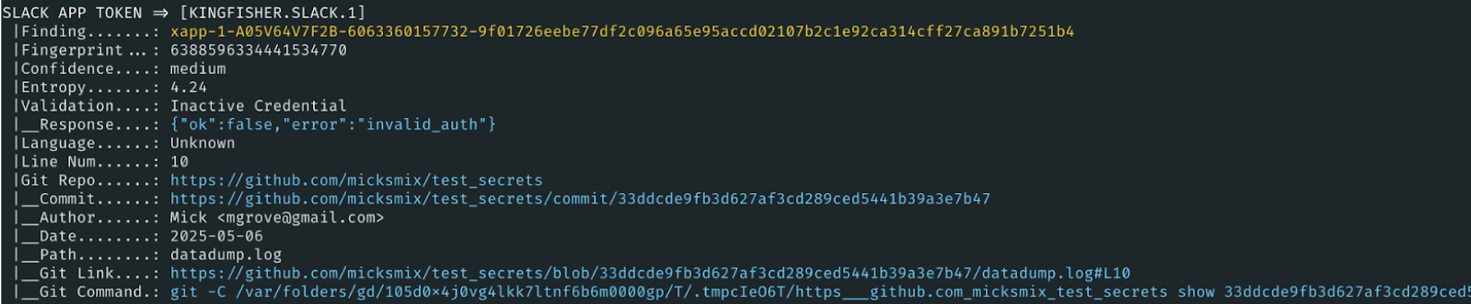 Screenshot of code showing an inactive Slack app token discovered and validated by Kingfisher.